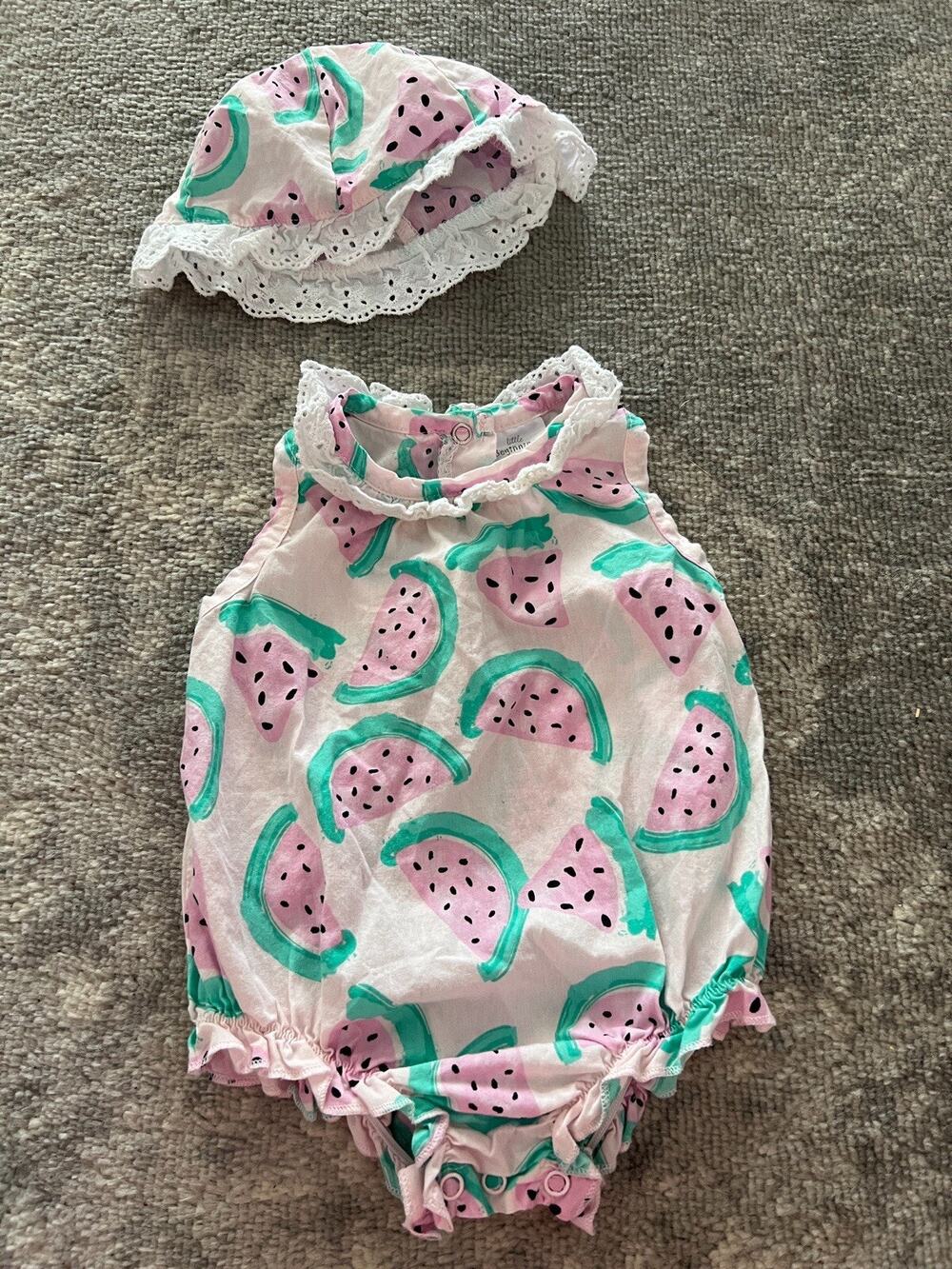 Little Beginnings Watermelon One Piece BodySuit + Hat Baby Girls Size 3–6 Months